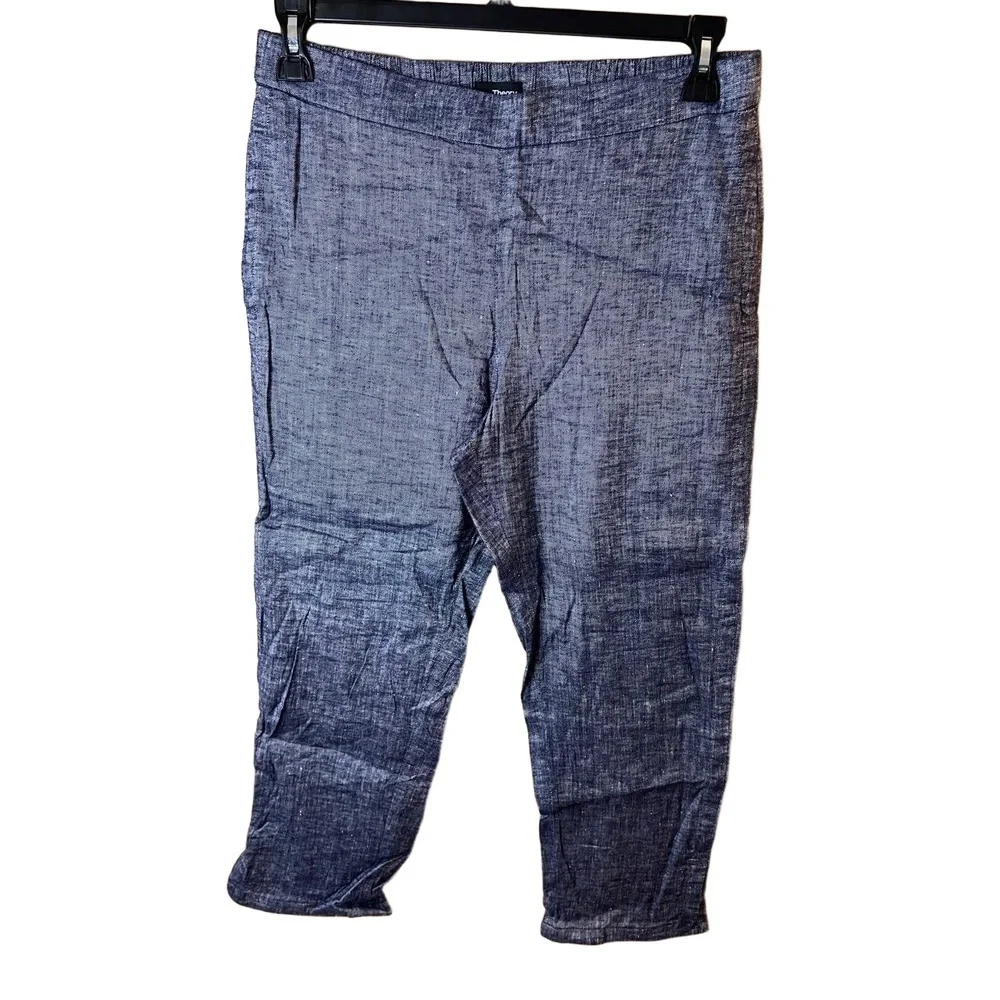 Theory Blue Textured Elastic Waist Cropped Linen Pants Size 10